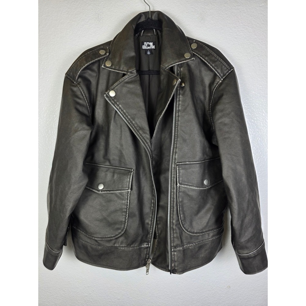 Future Collective Faux Leather Moto Jacket Washed Black‎ Oversized Biker Small